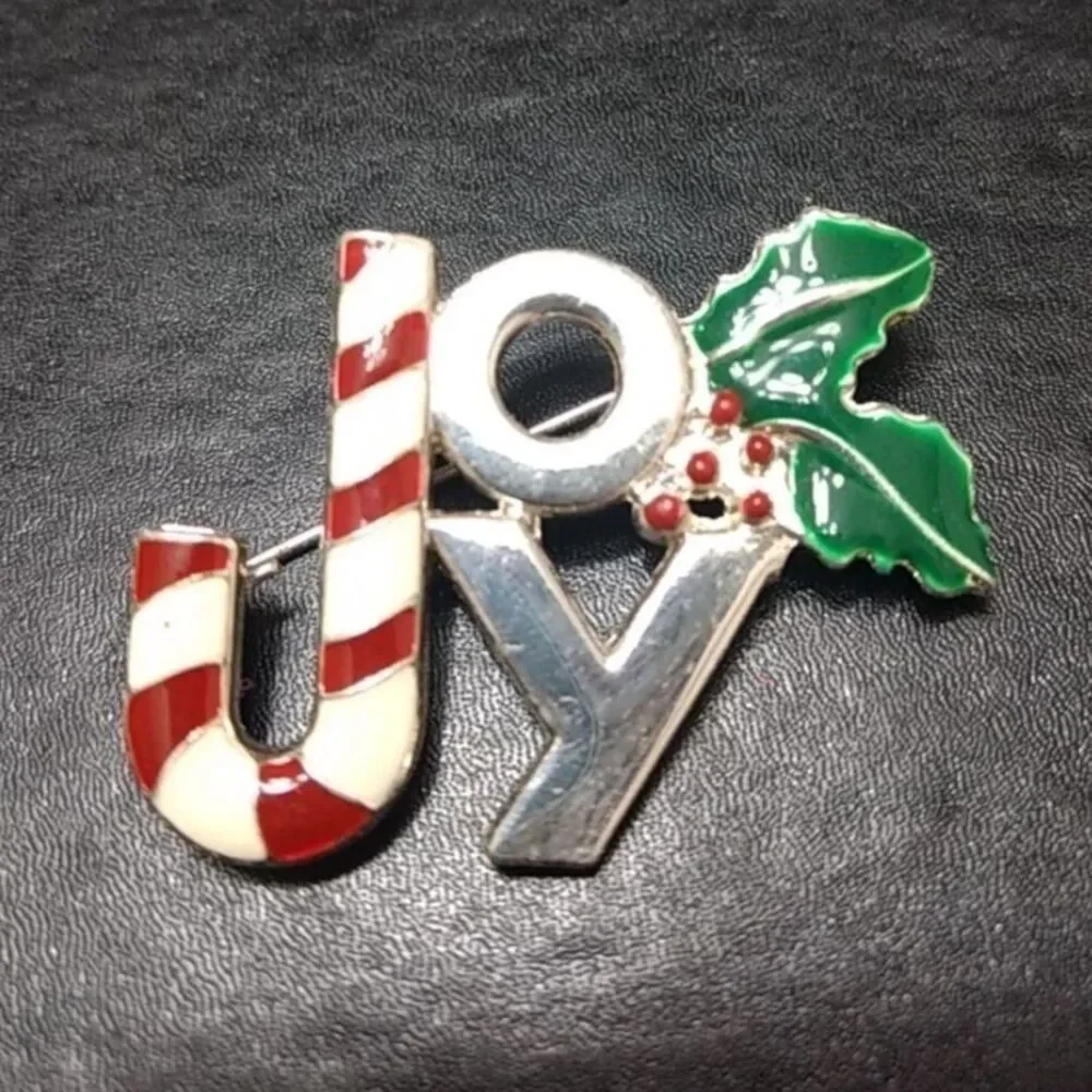 Silver tone joy brooch Candy Cane Holly Red Green